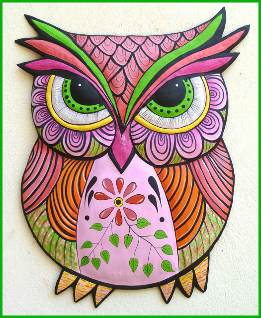 Painted Metal Owl, Decorative Owl Wall Art, - Hand Painted Metal Wall Decor - Whimsical Art - Metal 